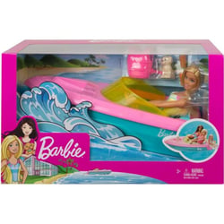 Coffret barbie : le hors bord + poupée mannequin + chien + 3 accessoires - bateau - mattel - grg30