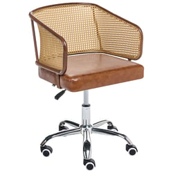 Chaise de Bureau Marron en Cuir PU et Rotin PE Tresse Viennoise Dossier Réglable Pivotant Style Retro Traditionnel