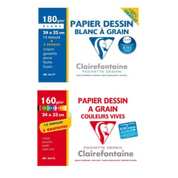 Lot de 2 pochettes papier dessin à grain blanc et couleurs vives Clairefontaine