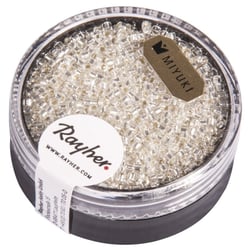 Delica-rocailles, 1,6mm avec garniture argent, boîte, cristal de roche, 6g