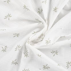 Tissu Double gaze de Coton Feuillages sur fond Blanc cassé