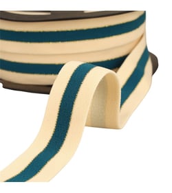 Bobine 20m élastique bicolore lisières or et argent 32mm écru/bleu canard/or