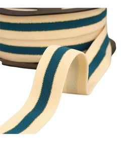 Bobine 20m élastique bicolore lisières or et argent 32mm écru/bleu canard/or
