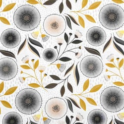 Tissu Toile Cretonne  floral Ocra sur fond Blanc cassé - Au mètre