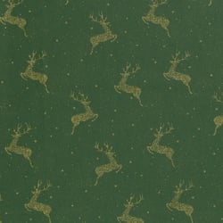 Tissu Coton imprimé Noël Rênes dorées sur fond Vert sapin