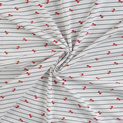 Tissu Jersey Coton Rayures bleues et cerises sur fond Blanc