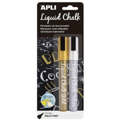 Apli 14847 - Pochette de 2 marqueurs craie liquide effaçable pointe ronde écriture or/argent diàmètre 5.5mm