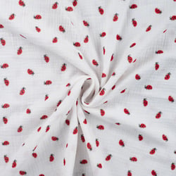 Tissu Double gaze de Coton Coccinelles rouges sur fond Blanc