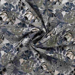 Tissu Tencel Lin Lana fleurs vintage tons Bleu sur fond Blanc cassé