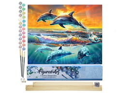 Peinture par Numéro Figured'Art - Aube de Dauphins - Kit de Loisir Créatif DIY Numéro d'Art Complet - 40x50cm toile roulée + châssis en bois à monter