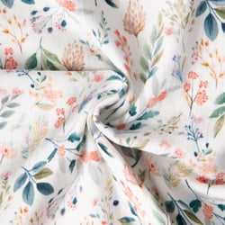 Tissu Double gaze de Coton digital Fleuris Philae sur fond Blanc