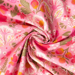 Tissu Coton imprimé Arty Fleuris Ostac sur fond Rose bonbon