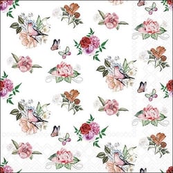Lot de 4 serviettes en papier découpage collage 33 cm PETITES ROSES PAPILLONS OISEAUX F 650