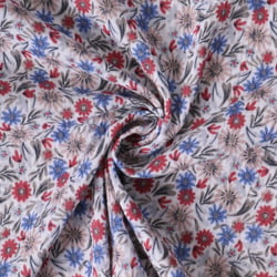 Tissu Double gaze de Coton Alméria fleurs Bleues et Rouges sur fond Blanc - Au mètre