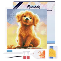 Mini Diamond Painting Broderie Diamant Figured’Art 25x25cm toile tendue sur châssis en bois - diamants ronds - Adorable Chiot Golden Retriever