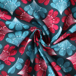 Tissu Coton Cretonne Amanda éventails Roses et Bleus sur fond Bleu