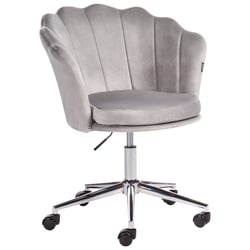 Chaise de Bureau Grise en Velours Glamour Fauteuil Coquillage Pivotant à Base en Etoile Argentée Assise Réglable avec Vérin Frein de Sécurité