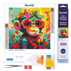 Mini Diamond Painting Broderie Diamant Figured’Art 25x25cm toile entière roulée avec diamants ronds - Singe Fantaisie et Fleurs