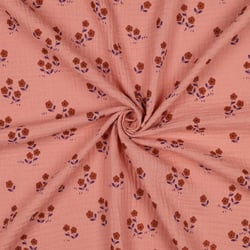 Tissu Double gaze de Coton petites fleurs sur fond Pêche