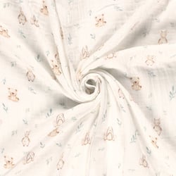 Tissu Double gaze  Oursons et lapins peluche sur fond Ecru