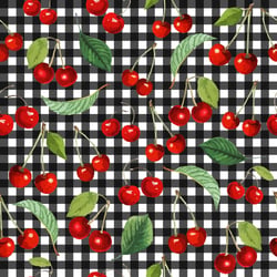 Tissu Coton imprimé Rayures noir et cerises sur fond Blanc