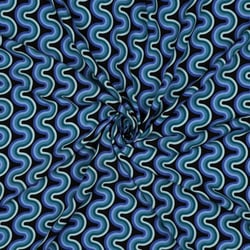 Tissu Viscose imprimé vaguelettes rétro tons Bleu sur fond Noir