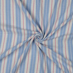 Tissu Double gaze de Coton rayures Bleu et Framboise sur fond Blanc cassé