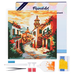 Mini Diamond Painting Broderie Diamant Figured’Art 25x25cm toile tendue sur châssis en bois - diamants ronds - Église de Village Ensoleillé