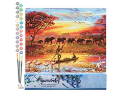 Peinture par Numéro Figured'Art - Coucher de soleil Eléphants - Kit de Loisir Créatif DIY Numéro d'Art Complet - 40x50cm sans châssis en bois