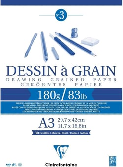 Bloc de dessin Clairefontaine - Papier dessin à grain - 96622C - Blanc - A3 29,7 x 42 cm 180g - 30 feuilles