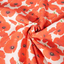 Tissu Toile de Coton aspect lin Coquelicot rouge sur fond Naturel