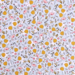 Tissu Popeline Imprimé LittleBird Flamants roses et fleurs moutarde et roses sur fond Bleu ciel