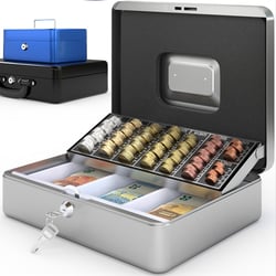 Caisse à Monnaie 30x24x9cm- Coffret Monnaie en Acier- Monnayeur, 2 clés, Compartiments à monnaie- Poignée de Transport Robuste-- ACROPAQ