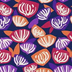 Tissu Coton enduit Kimso orange et violet sur fond Bleu marine - Au mètre