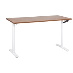 Bureau Réglable Manuellement Plateau Bois Foncé et Structure Acier Blanc 160 x 72 cm Hauteur Ajustable Assis Debout Pieds Ronds Design Moderne
