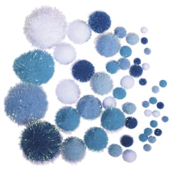 Pompons metallic, assortis, bleu - blanc, coul.+tailles assorties, 50 pces