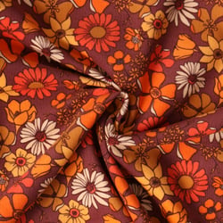 Tissu Velours Côtelé  Rosalia fleurs Orange vif sur fond Bordeaux - Au mètre