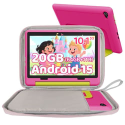 Tablette Enfant 10 Pouces, 203+17Go + 64Go + 1To TF, Wifi 6, Contrôle Parental, avec Kid-Proof Étui Rose et Sac d'ordinateur Rose