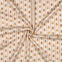 Tissu Jersey Coton imprimé Rayures vichy fleuris ocre sur fond Ecru