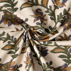 Tissu Voile de Coton indien Block print Fleuris sur fond Ecru