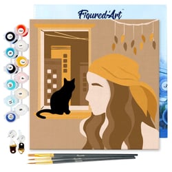 Mini Peinture par Numéro Figured'Art 20x20cm avec cadre Femme et son Chat à la Fenêtre - Petit Format