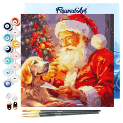 Mini Peinture par Numéro Figured'Art 20x20cm avec cadre Père Noël et son Chien - Petit Format