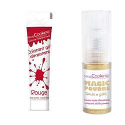 Gel colorant alimentaire rouge 20 g + Poudre alimentaire irisée dorée