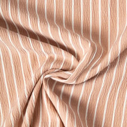 Tissu Polyviscose Seersucker aspect Lin lavé Suzy rayures Blanc sur fond Beige sable