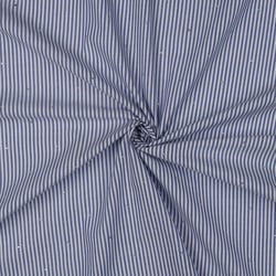 Tissu Coton fil teint rayé Bleu et strass sur fond Blanc cassé
