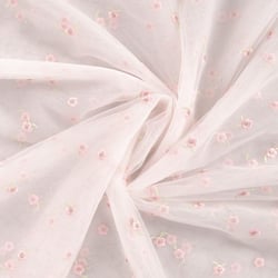 Tissu Tulle souple Mira fleurs Roses brodés sur fond Rose bébé