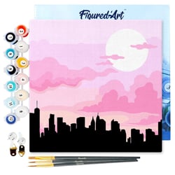 Mini Peinture par Numéro Figured'Art 20x20cm avec cadre New York sous un Ciel rosé - Petit Format