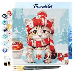 Mini Peinture par Numéro Figured'Art 20x20cm avec cadre Chat Mignon avec Écharpe Rouge - Petit Format