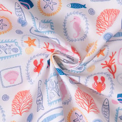 Tissu Coton imprimé Fonds Marins sur fond Blanc