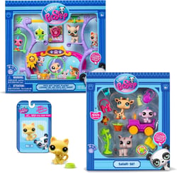 Bandai - Littlest Pet Shop - Pack Exclusif 2 Coffrets : Safari & Pets Got Talent (5 Figurines et 14 Accessoires) + 1 Figurine Supplémentaire (Petit Chat Jaune) - Licence Officielle - Mini Figurines